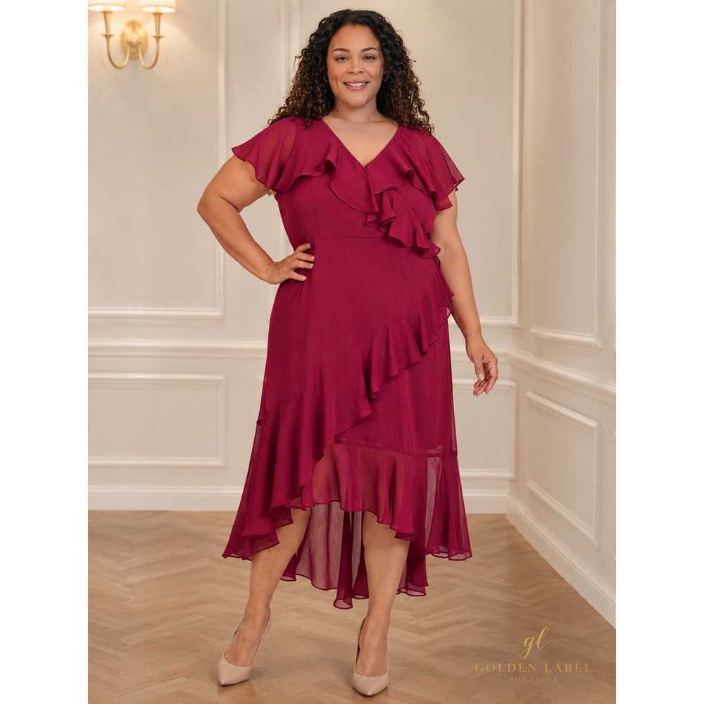 DKNY Plus Size 16W V-Neck Ruffled High-Low Chiffon Dress NWT